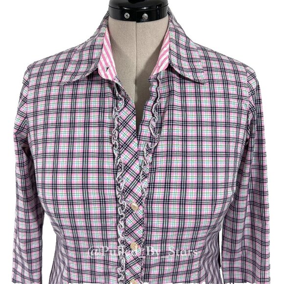 LILLY PULITZER Multicolor Plaid Long-Sleeve Ruffle Button-Front Shirt - Size 8 - Picture 2 of 16